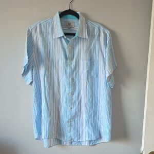 Hickey Freeman Teal & White Striped Button-Down Shirt 55%Linen 45% Cotton Sz XXL